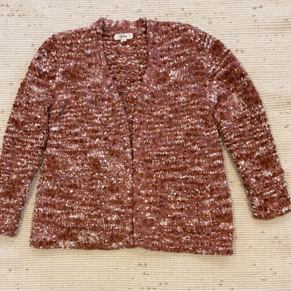 Cozy Bouclé Open-Front Cardigan in Dusty Rose.
